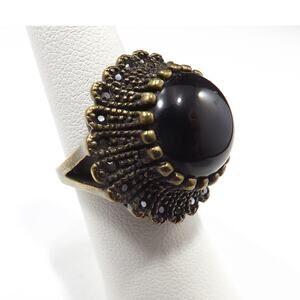 Vintage Black Rhinestone Ring, Black Lucite Stone, 1960s, US Size 6